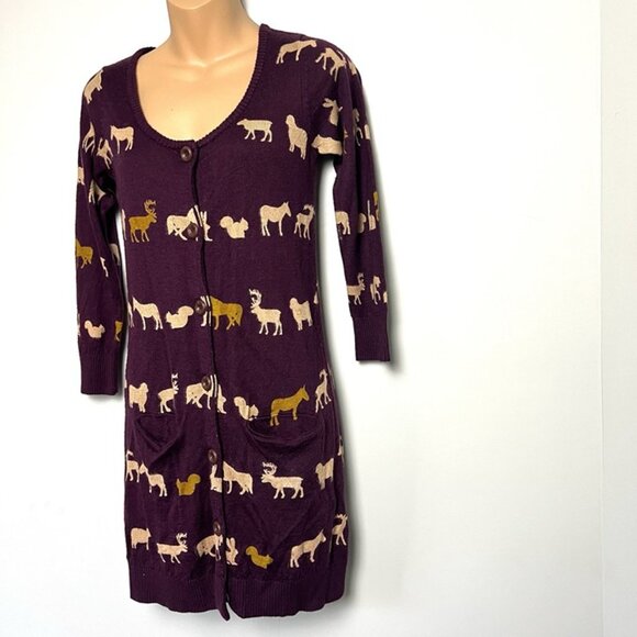 Knitted Dove Novelty Animal Print Cardigan Sz S Long Line Fitted V-neck y2k 90s - Picture 2 of 10